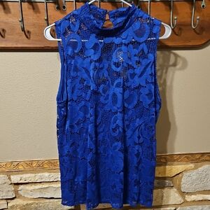 INC International Concepts Royal Blue Lace Sleeveless Blouse Size Large